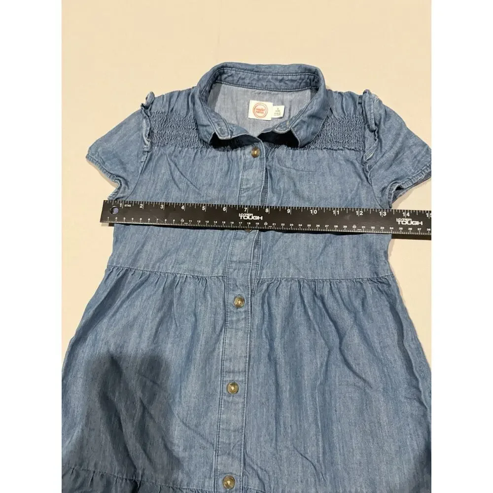 Wonder Nation Girls Blue Denim Shirt Dress Collared Button Front Smocked